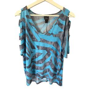 Sun Woo Zebra Stripe V Neck Cutout Sleeve Blouse Womens XS Blue Gray Made In USA